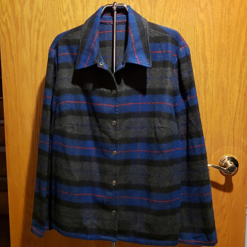 Acrylic/wool/polyester plaid shirt jacket.